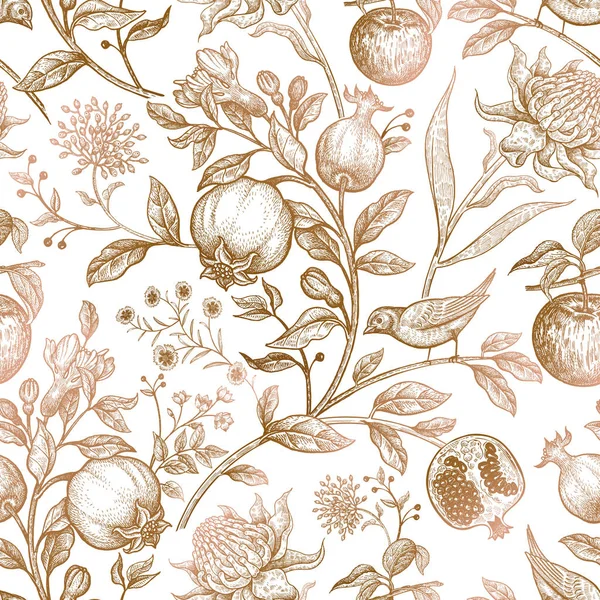 Fleurs Exotiques Oiseaux Fruits Motif Floral Vectoriel Sans Couture Dans — Image vectorielle