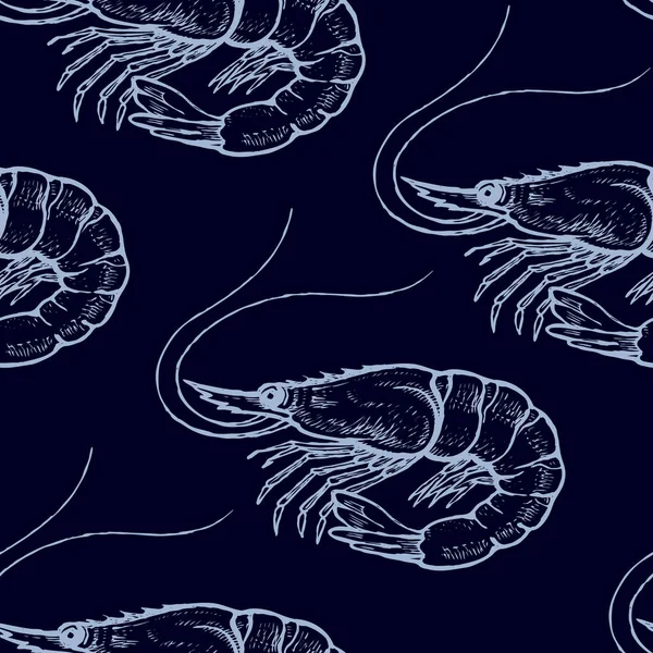 水の下で動物とシームレスなベクトル パターン 黒い背景に青いエビ ビンテージ彫刻アート ハンド ドローイング デッサン テキスタイルのシーフードのキッチン デザイン — ストックベクタ