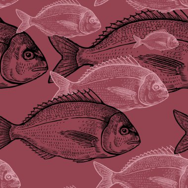 Animals under water. Seamless vector pattern. Black and pink fish  on red background. Vintage engraving art. Hand drawing sketch. Kitchen design with seafood for paper, wrapping, fabrics. clipart