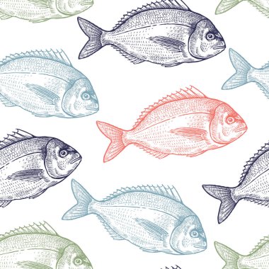 Seamless vector pattern with animals under water. Colored fish on white background. Vintage engraving art. Black and Pink hand drawing sketch. Kitchen design with seafood for paper, wrapping, fabrics clipart