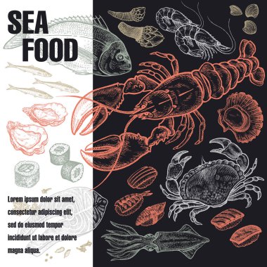 Poster with variants of sea food. Vector illustration art. Black, white and red. Old engraving. Vintage. Template for the cover or signboard of shop, market, packaging design, advertising. clipart