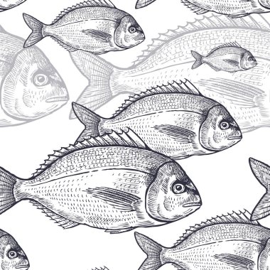 Su altında hayvanlarla sorunsuz vektör desen. Siyah beyaz arka plan üzerinde balık. Vintage gravür sanat. El çizim kroki. Kağıt, ambalaj kumaşlar için deniz ürünleri ile mutfak tasarımı.