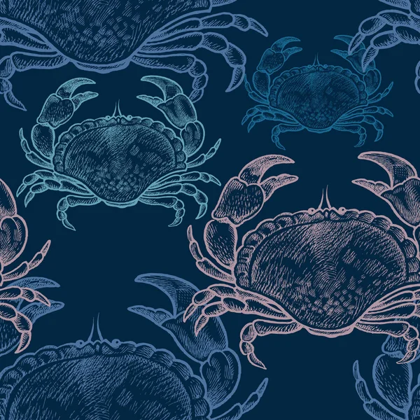 動物とシームレスなベクトル パターンは 水の下でカニします 暗い青色の背景の色のパステル チョーク ビンテージ彫刻アート 手図面のスケッチのシーフード キッチン デザイン紙 包装用 — ストックベクタ