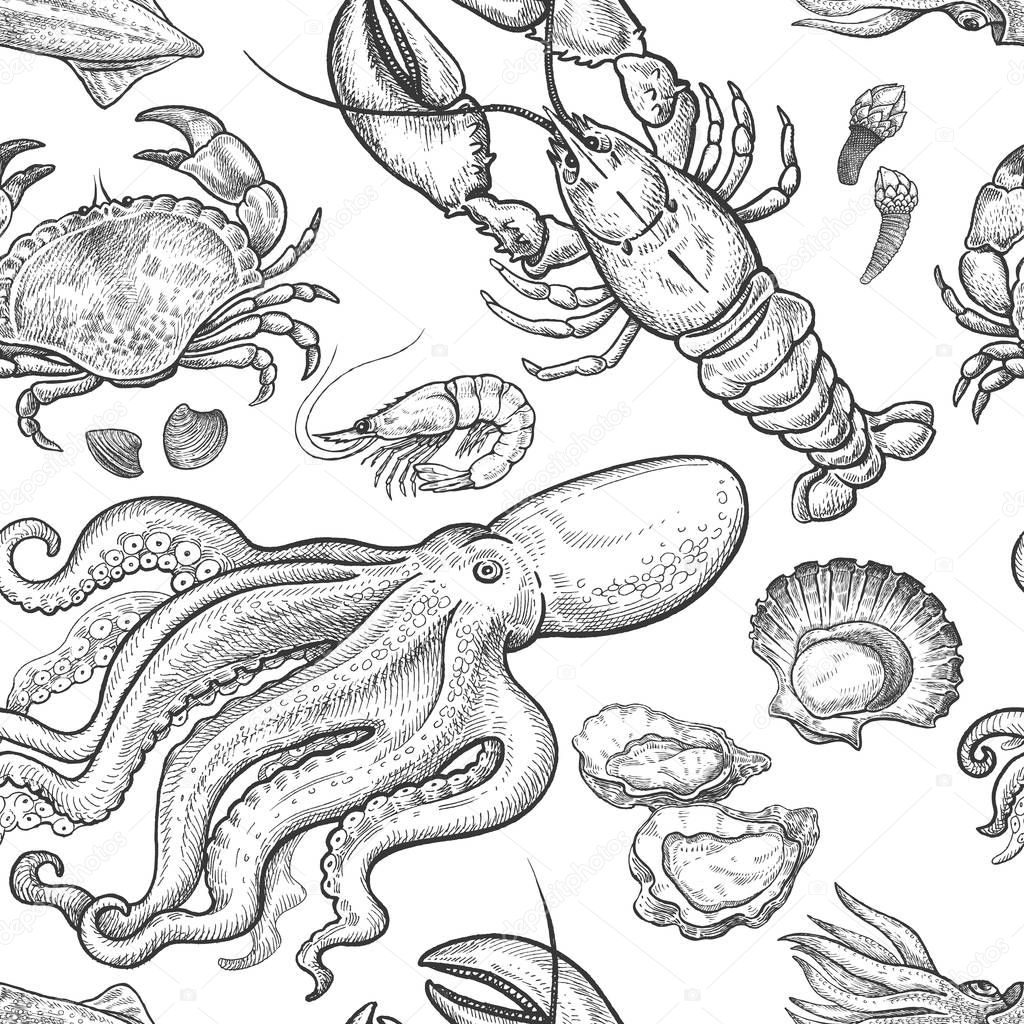 Black and white seamless pattern with pictures of hand drawings. Marine animals and shellfish. Vector illustration with seafood for paper, fabric, kitchen and restaurant design. Vintage engraving art.