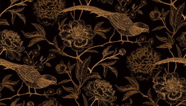 Peonies and pheasants. Floral vintage seamless pattern - flowers and birds. Print gold foil on black background. Oriental style. Vector illustration art. For design textiles, wrapping paper, wallpaper clipart