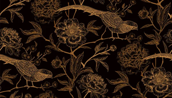 Pivoines Faisans Motif Floral Vintage Sans Couture Fleurs Oiseaux Imprimez — Image vectorielle