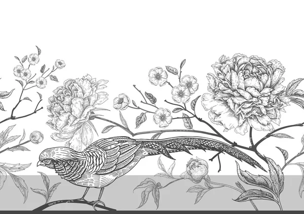 Півонії Фазани Квітковий Екзотичний Вінтажний Безшовний Візерунок Квітами Птахами Білий — стоковий вектор