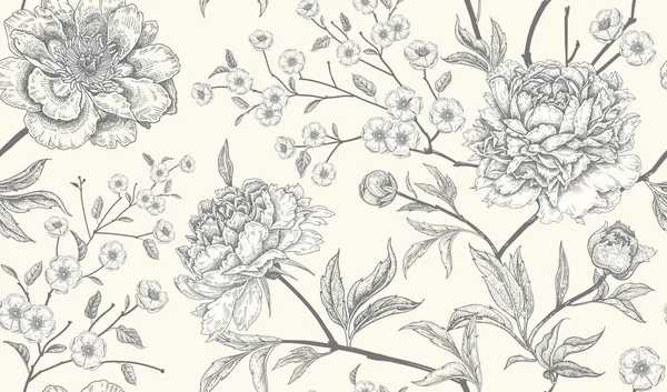 Blommig Vintage Sömlösa Mönster Med Blommor Pioner Orientalisk Stil Vektor — Stock vektor