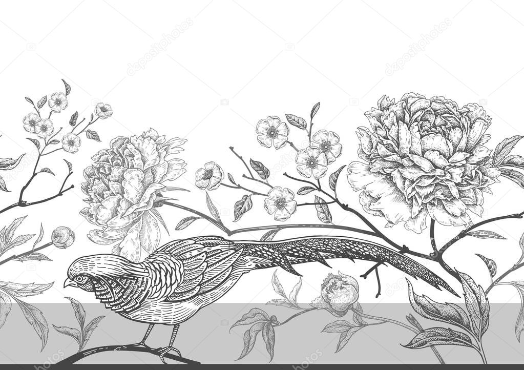 Peonies and pheasants. Floral exotic vintage seamless pattern with flowers and birds. White and black. Oriental style. Vector illustration art. For design textiles, wrapping paper, wallpaper, interior