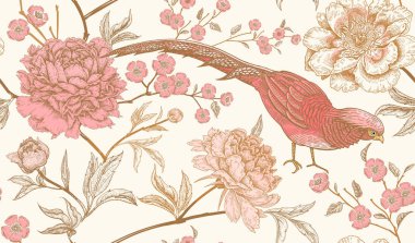Peonies and pheasants. Floral vintage seamless pattern with flowers and birds. White, pink and gold color. Oriental style. Vector illustration art. For design textiles, wrapping paper, wallpaper. clipart