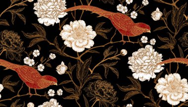 Peonies and pheasants. Floral vintage seamless pattern with flowers and birds. White, black, red and gold color. Oriental style. Vector illustration art. For design textiles, wrapping paper, wallpaper clipart