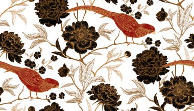 Peonies and pheasants. Floral vintage seamless pattern with flowers and birds. White, black, red and gold color. Oriental style. Vector illustration art. For design textiles, wrapping paper, wallpaper clipart