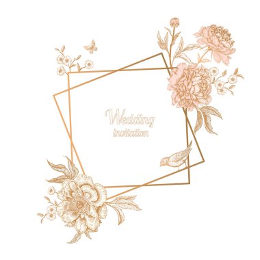 Çiçekler peonies ve kuşlar ile kartı. Çiçek egzotik vintage dekorasyon. Eski oryantal tarzda. Vektör çizim. Düğün davetiyeleri ve tatilden selamlar tasarımı için şablon.