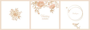 Şablonlar / düğün davetiyeleri ayarlayın. Kuşlar ve peonies tarafından Bahçe çiçek dekorasyon. Çiçek vektör çizim. Vintage oyma. Oryantal tarzda. Kartları altın folyo baskı ile.