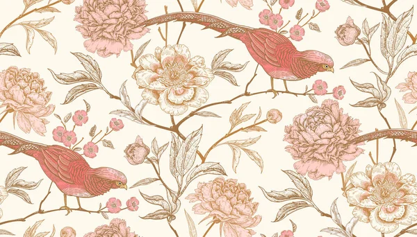 Peonies ve sülün. Çiçekler ve kuşlar ile çiçek vintage seamless modeli. Beyaz, pembe ve altın rengi. Oryantal tarzda. Vektör çizim sanat. Paket kağıdı, duvar kağıdı tasarım Tekstil.