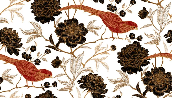Pfingstrosen Und Fasane Florales Vintage Nahtloses Muster Mit Blumen Und — Stockvektor