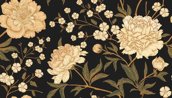 Цветочный Винтажный Бесшовный Рисунок Цветочными Пионами Восточный Стиль Векторное Иллюстрационное — стоковый вектор