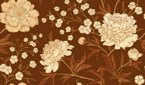 Motivo Floreale Vintage Senza Cuciture Con Peonie Fiori Stile Orientale — Vettoriale Stock