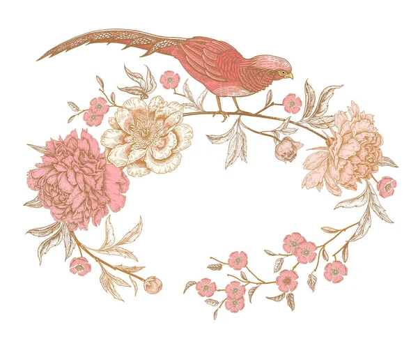 Card Flowers Birds Peonies Pheasants Floral Exotic Vintage Decoration Ancient — Stock Vector