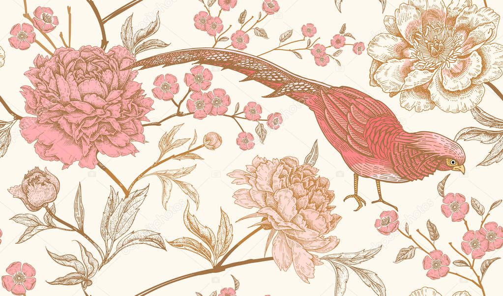 Peonies and pheasants. Floral vintage seamless pattern with flowers and birds. White, pink and gold color. Oriental style. Vector illustration art. For design textiles, wrapping paper, wallpaper.