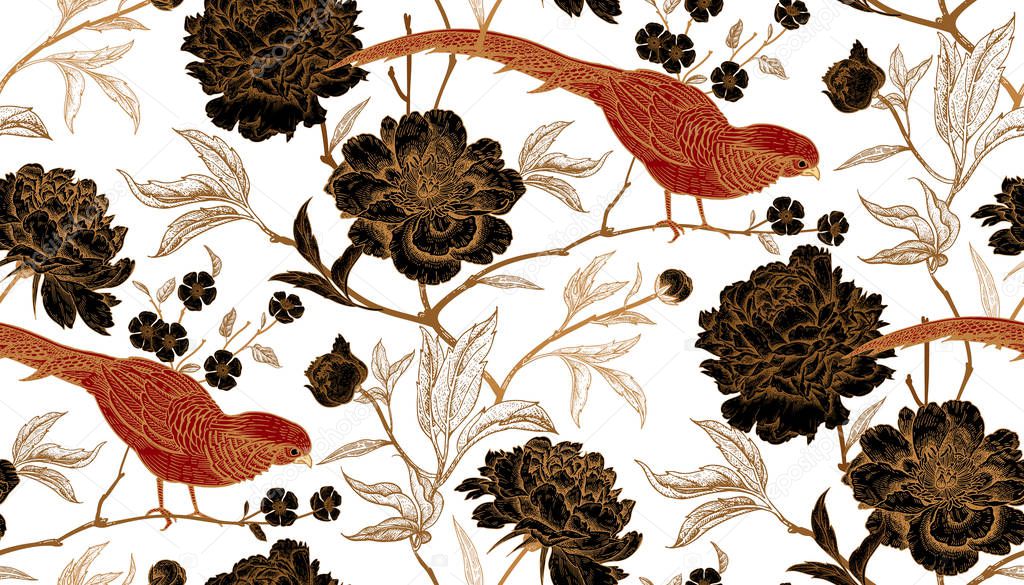 Peonies and pheasants. Floral vintage seamless pattern with flowers and birds. White, black, red and gold color. Oriental style. Vector illustration art. For design textiles, wrapping paper, wallpaper