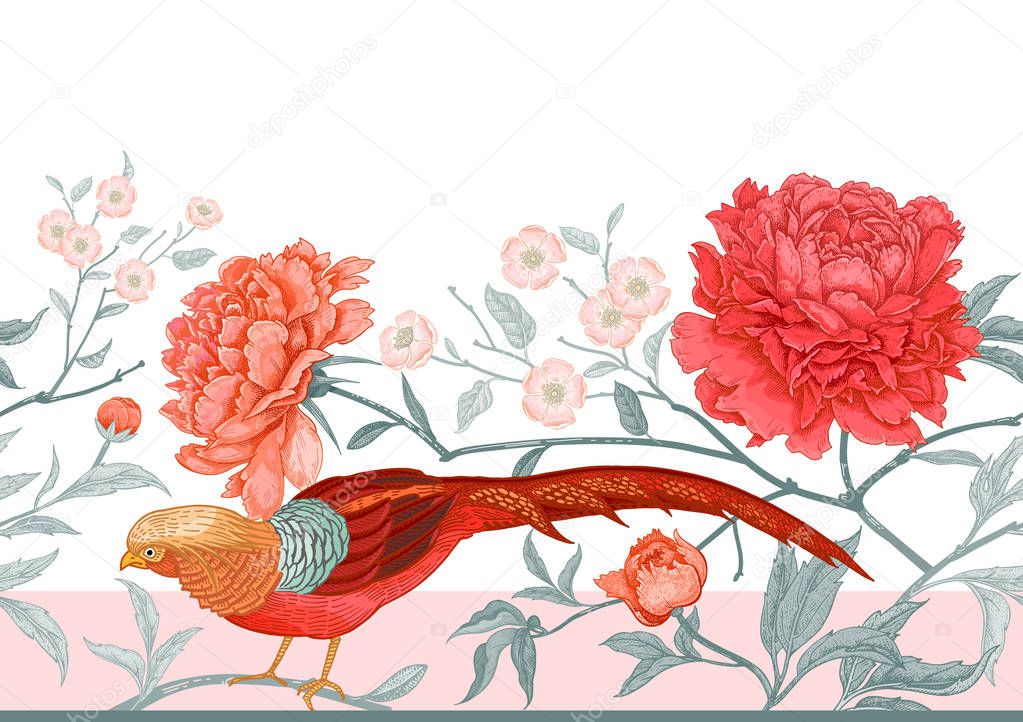 Peonies and pheasants. Floral exotic vintage seamless pattern with flowers and birds. Oriental style. Colorful vector illustration art. For design textiles, wrapping paper, wallpaper, interior