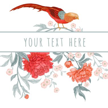 Çiçekler ve kuşlar ile kartı. Peonies ve sülün. Çiçek egzotik vintage dekorasyon. Eski oryantal tarzda. Vektör çizim. Düğün davetiyeleri ve tatilden selamlar tasarımı için şablon.