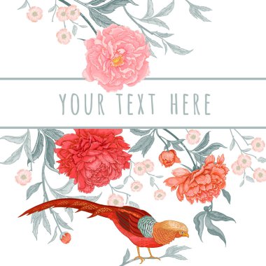 Çiçekler ve kuşlar ile kartı. Peonies ve sülün. Çiçek egzotik vintage dekorasyon. Eski oryantal tarzda. Vektör çizim. Düğün davetiyeleri ve tatilden selamlar tasarımı için şablon.