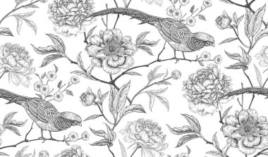 Peonies and pheasants. Floral exotic vintage seamless pattern with flowers and birds. White and black. Oriental style. Vector illustration art. For design textiles, wrapping paper, wallpaper, interior clipart
