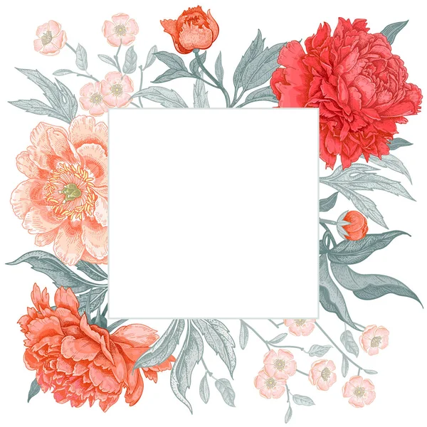 Şablon vintage kartı tasarım düğün davetiyeleri, selamlar. Çiçek egzotik vintage dekorasyon. Bahçe çiçek peonies. Eski oryantal tarzda. Vektör çizim sanat.