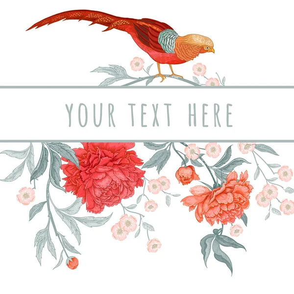 Çiçekler ve kuşlar ile kartı. Peonies ve sülün. Çiçek egzotik vintage dekorasyon. Eski oryantal tarzda. Vektör çizim. Düğün davetiyeleri ve tatilden selamlar tasarımı için şablon.