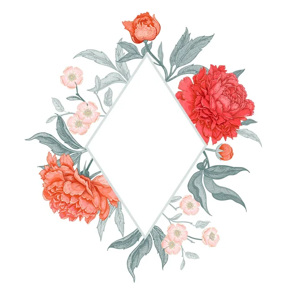 Şablon vintage kartı tasarım düğün davetiyeleri, selamlar. Çiçek egzotik vintage dekorasyon. Bahçe çiçek peonies. Eski oryantal tarzda. Vektör çizim sanat.