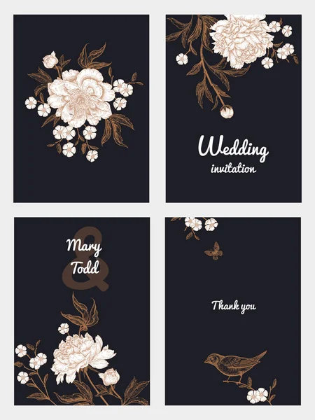 Templates Wedding Invitations Set Decoration Birds Garden Flowers Peonies Floral — Stock Vector