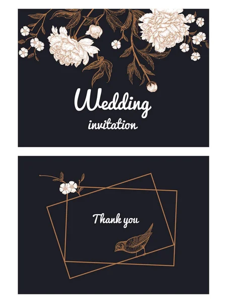 Templates Wedding Invitations Set Decoration Birds Garden Flowers Peonies Floral — Stock Vector