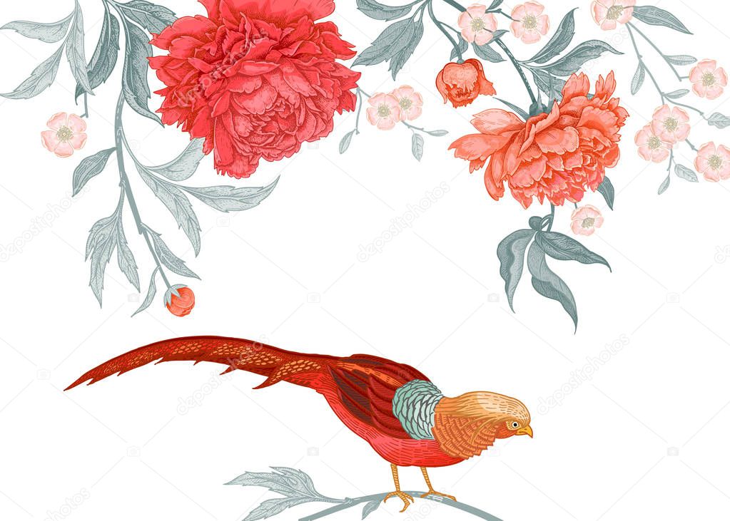 Card with flowers and birds. Peonies and pheasants. Floral exotic vintage decoration. Ancient Oriental style. Vector illustration. Template for design of wedding invitations and holiday greetings.