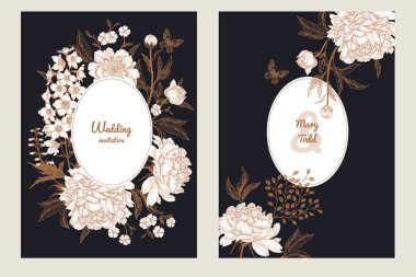 Şablonlar / düğün davetiyeleri ayarlayın. Kelebek ve Bahçe çiçek delphinium ve peonies dekorasyon. Çiçek vektör çizim. Vintage oyma. Oryantal tarzda. Kartları altın folyo baskı ile.