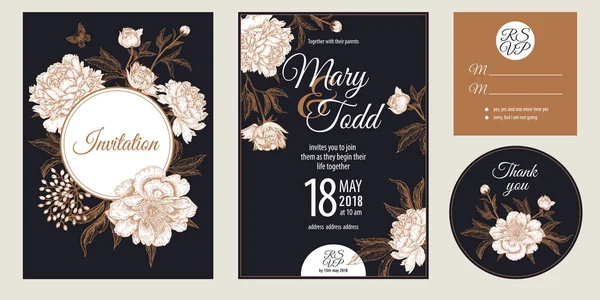 Templates Wedding Invitations Set Decoration Garden Flowers Peonies Floral Vector — Stock Vector