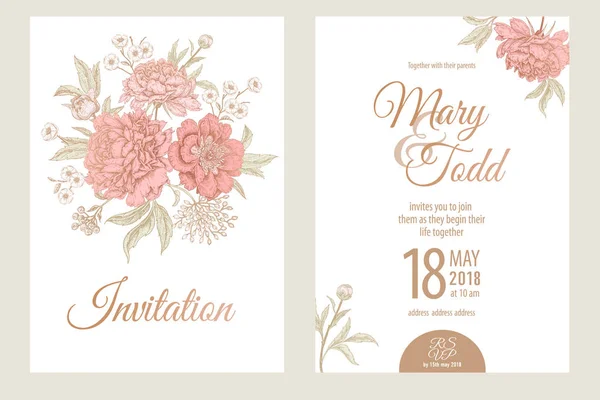 Templates Wedding Invitations Cards Decoration Garden Flowers Peonies Frame Pattern — Stock Vector