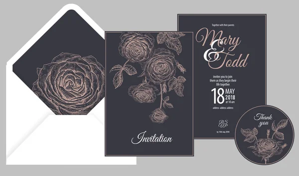Wedding Invitations Cards Cover Decoration Garden Flowers Roses Floral Vector — Stock Vector