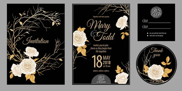 Tarjetas Invitación Boda Invitar Gracias Plantillas Rsvp Decoración Con Flores — Archivo Imágenes Vectoriales