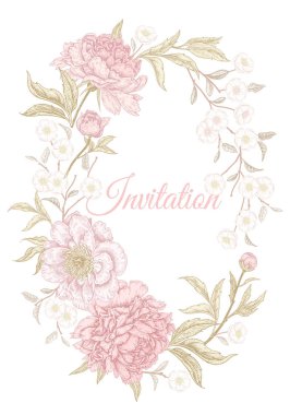 Çiçekler peonies kartıyla. Çiçek egzotik vintage dekorasyon. Eski oryantal tarzda. Vektör çizim. Düğün davetiyeleri ve tatilden selamlar tasarımı için şablon.
