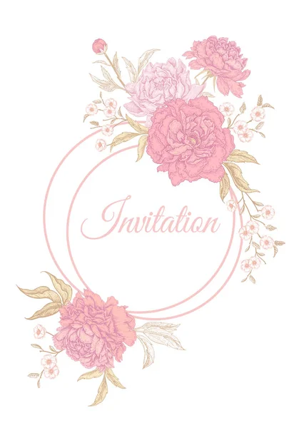 Carte Avec Pivoines Fleurs Décoration Florale Exotique Vintage Style Oriental — Image vectorielle