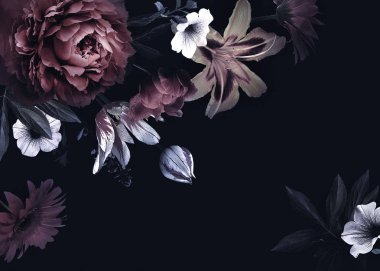 Çiçek çiçek vintage kartıyla. Peonies, lale, lily, ortanca siyah arka plan üzerine. Şablon tasarım düğün davetiyeleri, tatilden selamlar, kartvizit, dekorasyon ambalaj