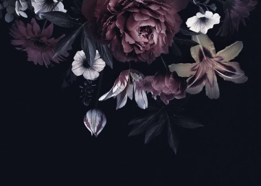 Floral vintage card with flowers. Peonies, tulips, lily, hydrangea on black background.  Template for design of wedding invitations, holiday greetings, business card, decoration packaging clipart