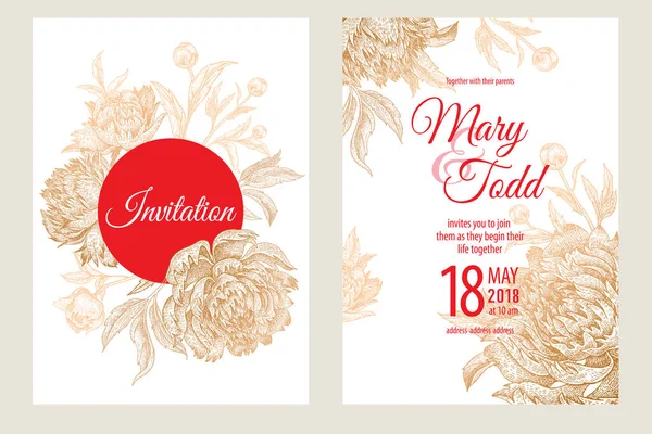 Wedding Invitations Set Templates Decoration Cards Garden Flowers Foliage Peonies — Stock Vector