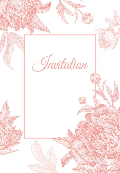結婚式の招待状カードのテンプレート 庭の花牡丹 フレーム パターンで装飾 花のベクトル図です ビンテージの彫刻 オリエンタル スタイル ピンクと白の色 — ストックベクタ