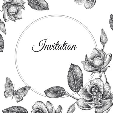Düğün davetiye kartları şablonları. Dekorasyon Bahçe çiçekli çerçeve desen. Çiçek vektör çizim. Vintage oyma. Oryantal tarzda. Beyaz arka planda siyah Manolya.