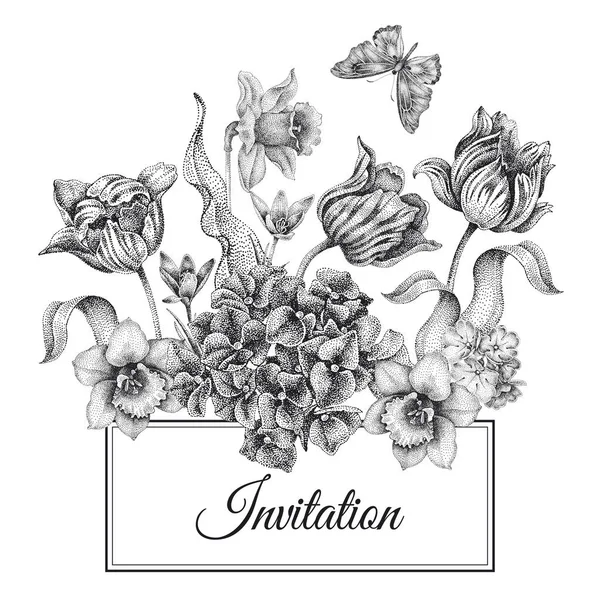Шаблон Запрошення Весілля Прикраса Садовими Квітами Тюльпанами Гортензією Нарцисом Метеликом — стоковий вектор