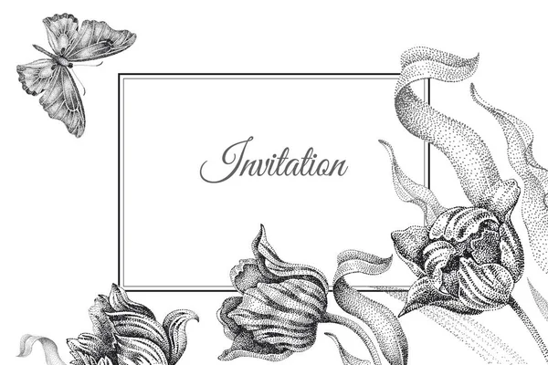 結婚式の招待状カードのテンプレート 庭の花 フレーム パターンで装飾 花のベクトル図です ビンテージの彫刻 オリエンタル スタイル 白い背景の黒いチューリップ — ストックベクタ
