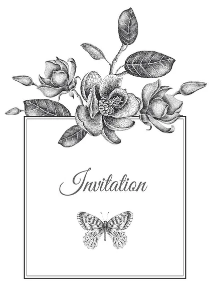 Γαμήλιες Προσκλήσεις Κάρτες Πρότυπα Διακόσμηση Λουλούδια Στον Κήπο Πεταλούδα Πλαίσιο — Διανυσματικό Αρχείο